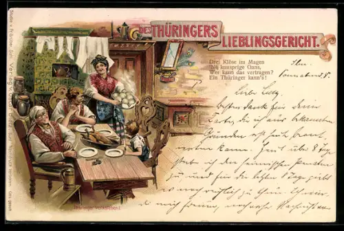 Lithographie Gänsebraten und Klösse - des Thüringers Lieblingsgericht