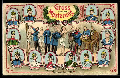 AK Gruss von der Musterung, Rekruten bei der Vermessung, Jäger, Dragoner u. Train in Uniform