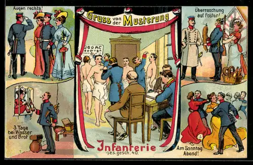 AK Infanterie, Männer bei der Musterung, 5 Ansichten, Reichsfarben als Vorhang