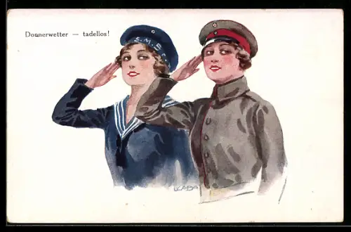 Künstler-AK Luis Usabal: Frauen in deutscher Infanterie- & Marine-Uniform salutieren