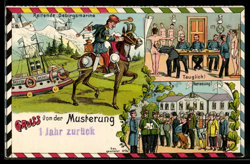 Lithographie Gruss von der Musterung, Reitende Gebirgsmarine mit Kaffeemühle