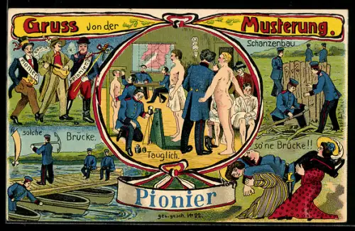 AK Gruss von der Musterung, Pionier, Brücken- u. Schanzenbau, Humorvolle Szenen