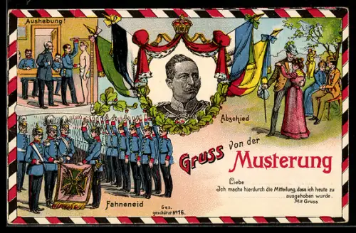 Lithographie Gruss von der Musterung, Soldaten leisten den Fahneneid, Kaiser Wilhelm II., Aushebung
