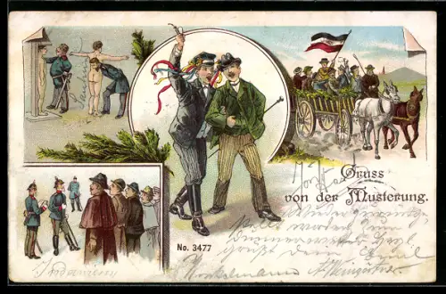 Lithographie Gruss von der Musterung, Messung, Bekanntgabe und Abschied