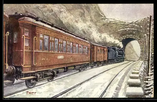 Künstler-AK österreichische Eisenbahn auf verschneiter Strecke