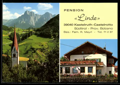AK Kastelruth, Pension Linde, Blick auf den Ort