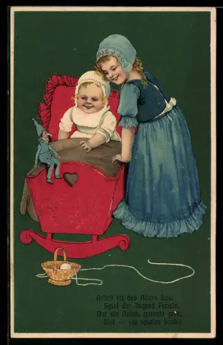 Lithographie Mädchen mit Kasperle, Spielzeug