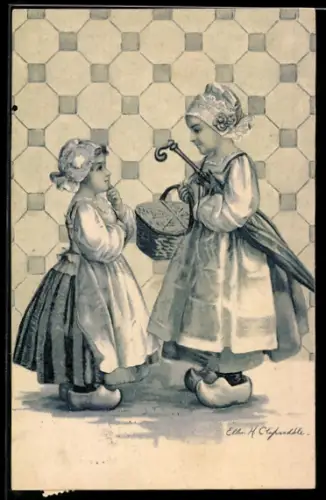 Künstler-AK sign. E. H. Clapsaddle: Zwei holländische Mädchen mit Korb und Schirm