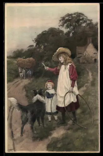 Künstler-AK M. Munk Nr. 799: zwei Mädchen mit Reifen und Stäben an einem Feldweg
