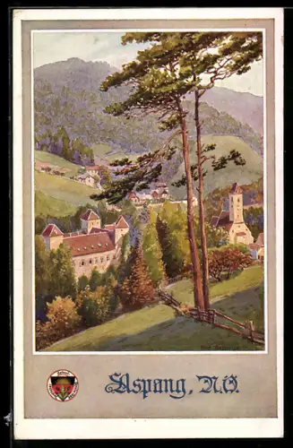 AK Deutscher Schulverein NR 580: Künstler R. Schmidt, Aspang, Ortsansicht mit Kirche