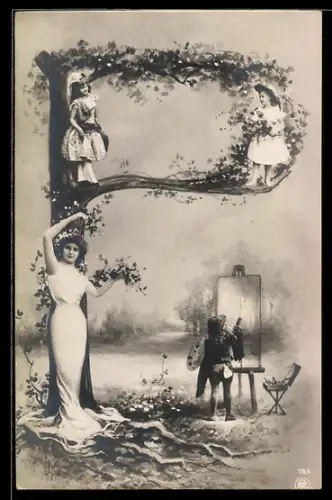 AK Buchstabe P als Baum mit Frau & Kindern