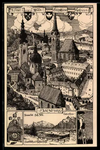 Künstler-AK Ulf Seidl: Salzburg, St. Peter, Mülln, Franziskaner und Rathaus, Ausblick von der Richterhöhe