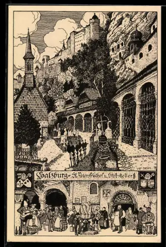 Künstler-AK Ulf Seidl: Salzburg, St.Petersfriedhof u. Stiftskeller