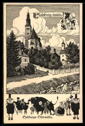 Künstler-AK Ulf Seidl: Salzburg-Mülln, Kirche, Wappen, Salzburger Stierwäsche