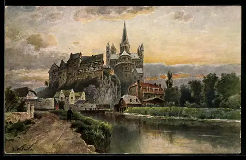 Künstler-AK sign. N. v. Astudin: Limburg, Dom und Lahnufer