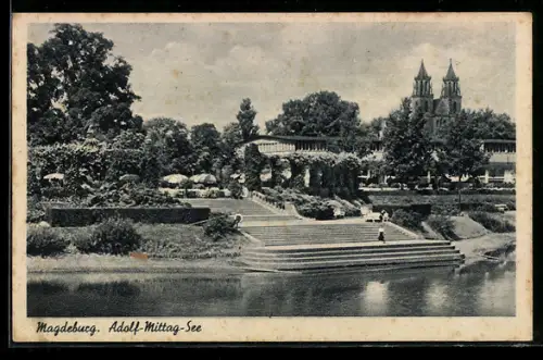 AK Magdeburg, Adolf-Mittag-See, Parkanlage, Dom im Hintergrund