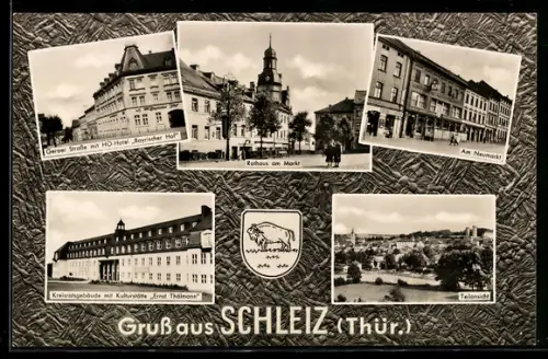 AK Schleiz /Thür., HO-Hotel Bayrischer Hof, Rathaus am Markt, Kreiskrankenhaus Ernst Thälmann