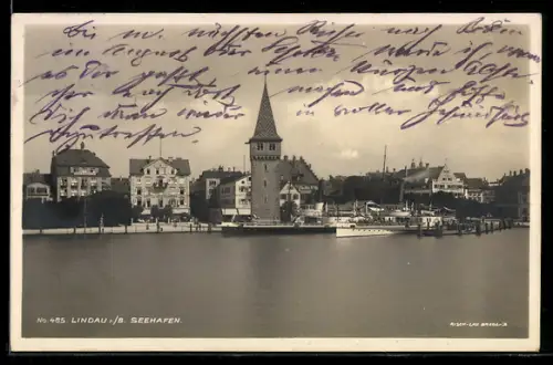 AK Lindau /B. Seehafen, Hafenansicht mit Mangturm und Uferpromenade