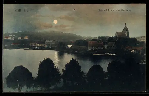 AK Mölln i. L., Blick vom Heideberg auf Ort, Kirche und See
