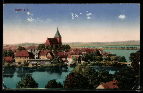 AK Mölln i. L., Stadtansicht, Kirche, See
