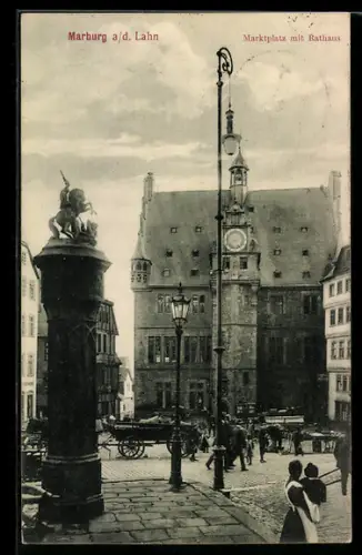 AK Marburg a. d. Lahn, Marktplatz mit Rathaus