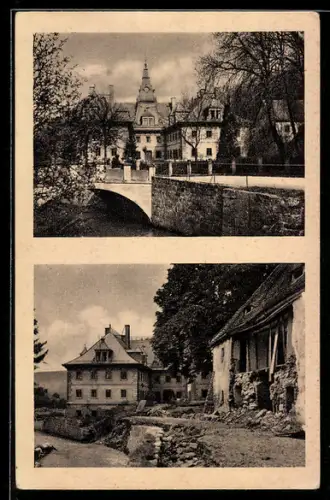 AK Gottleuba, Schloss Giessenstein vor und nach der Katastrophe am 8. u. 9. Juli 1927