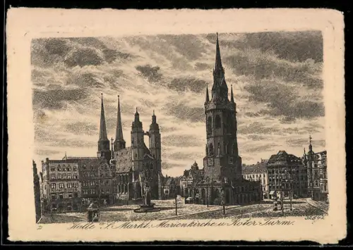 Künstler-AK Halle a. S., Marienkirche und Roter Turm am Markt