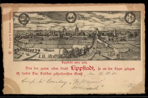 Lithographie Lippstadt an der Lippe, Teilansicht anno 1575