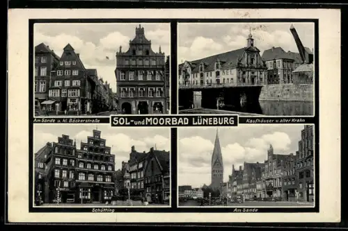 AK Lüneburg, Kaufhäuser und alter Kran, Schütting, Am Sande und kleine Bäckerstrasse