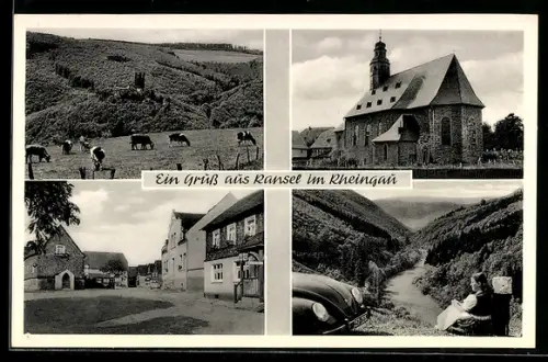 AK Ransel im Rheingau, Kirche, Kühe auf der Weide, Strassenpartie