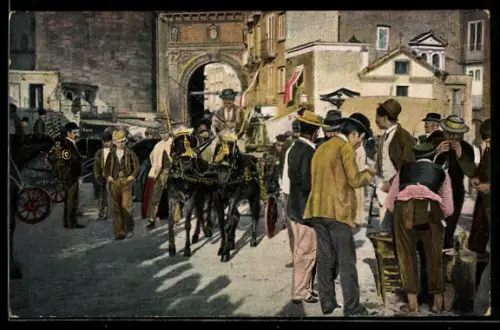 AK Neapel / Napoli, Strassenpartie mit Händlern und Kutsche