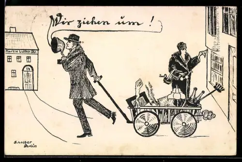 Künstler-AK sign. Scholber: Mann mit Grammophon, Umzugsbenachrichtigung Hans Ulrich Freiherr v. Dincklage-Campe