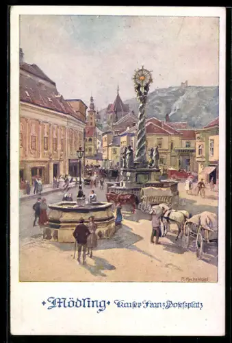 Künstler-AK Mödling, Kaiser Franz Josef-Platz mit Pestsäule, Deutscher Schulverein