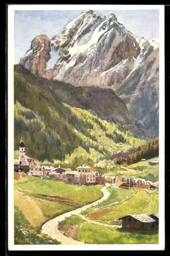 Künstler-AK E.F. Hofecker: Gries, Ortsansicht aus der Ferne