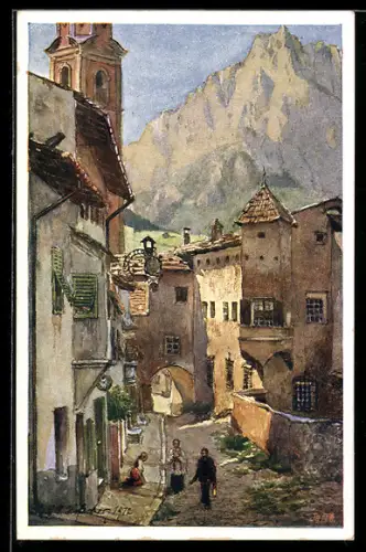 Künstler-AK E.F. Hofecker: Kastelruth, Ortsansicht mit Bergpanorama