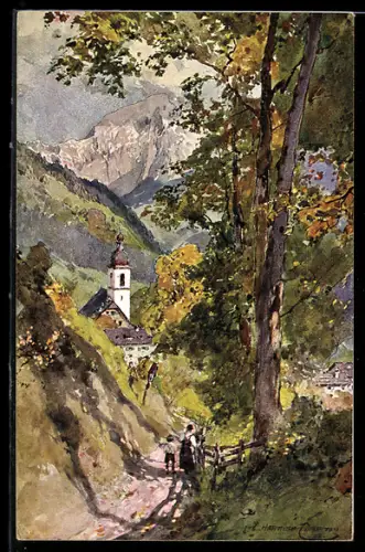 Künstler-AK Edward Harrison Compton: Partie aus der Ramsau mit Mutter und Sohn