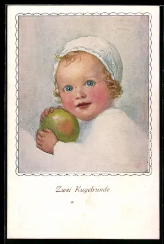 Künstler-AK M. Munk Nr. 923: zwei Kugelfreunde, bildschönes Baby mit Mütze und Obst in den Händen