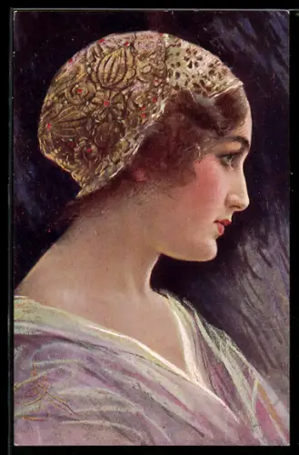 Künstler-AK C.V.Muttich: junges Fräulein mit Haube