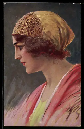 Künstler-AK C.V.Muttich: Frauen-Portrait mit Kopftuch