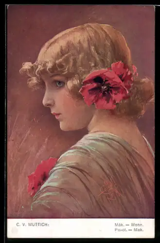 Künstler-AK C.V.Muttich: Junges Mädchen mit Mohnblume im Haar