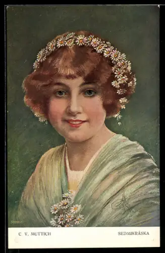 Künstler-AK Camil Vladislav Muttich: Massliebe, Marguerite, Sedimkraska, Stokroc, Mädchen mit Blumenkranz