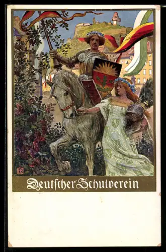 Künstler-AK Karl Friedrich Gsur, Deutscher Schulverein NR 106: Ritter mit Wappenschild, Frau führt sein Pferd