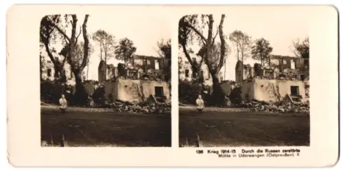 Stereo-Fotografie unbekannter Fotograf und Ort, Krieg 1914-1915, Durch russ. Truppen zerstörte Mühle Uderwangen, Ostpr.