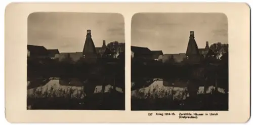 Stereo-Fotografie unbekannter Fotograf und Ort, Krieg 1914-1915, Zerstörte Häuser in Unruh, Ostpreussen