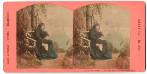 Stereo-Fotografie Fotograf und unbekannt, Junge Frau auf einer Holzbank nach Lesen des letzten Briefes