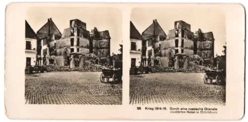 Stereo-Fotografie unbekannter Fotograf und Ort, Krieg 1914-15, Durch russische Granate zerstörtes Hotel in Ortelsburg
