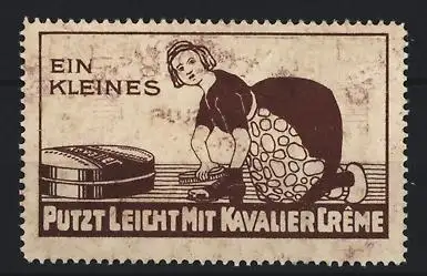 Reklamemarke Kavalier Lederputz-Creme, Frau beim Schuhputz