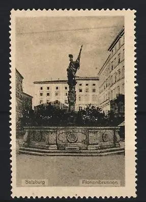 Reklamemarke Salzburg, Florianibrunnen, Brunnen mit Statue