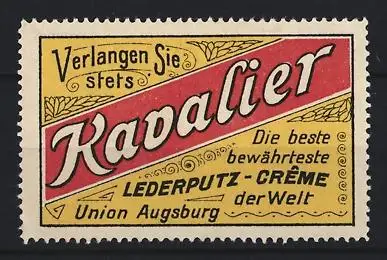 Reklamemarke Augsburg, Kavalier Lederputz-Creme, Schriftzug auf rotem Hintergrund