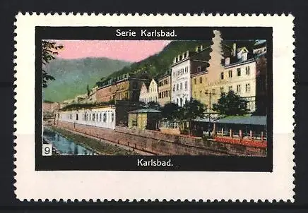 Reklamemarke Karlsbad, Serie Karlsbad, Ortsansicht mit Fluss